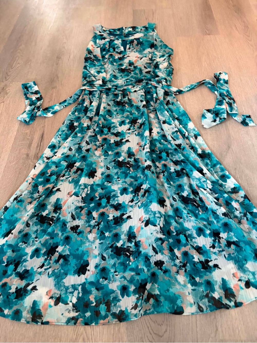 Cleo Teal Watercolour Floral Chiffon Midi Dress Wedding Formal Cocktail Party - Picture 2 of 5